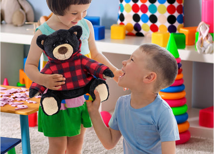 DolliBu Plush Black Bear with Red Plaid Hoodie - Soft Huggable Wild Life Bear, Adorable Playtime Zoo Black Bear Plush, Cute Cuddle Gift for Kids and Adults