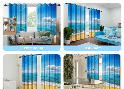 Renaiss Coastal Scenery Blackout Curtains Blue Sky Ocean Seaside Sandy Beach Seashore Theme with Foamy Waves Bedroom Living Room Window Drapes 84L x 53W Set of 2 Panels