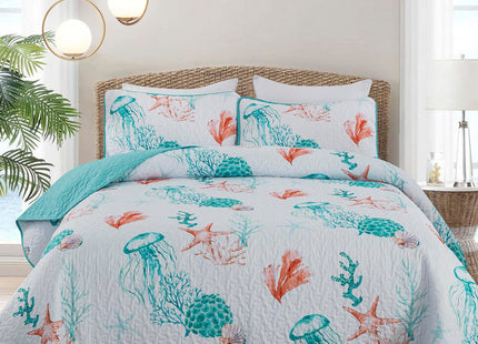 DJY Coral Jellyfish Quilt Queen Size Coastal Beach Bedspread Coverlet Set