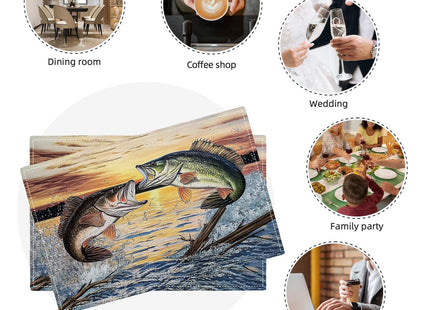 Bass Fish Placemats Set of 4, Farmhouse Lake Fishing Place Mats Table Mats for Kitchen Dining Room Restaurant 18"x12"