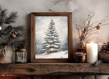 Christmas Wall Art, Vintage Christmas Tree Picture, Snowy Pine Tree Print