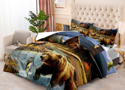 LUVIVIHOME 2PCS Deer Bear Comforter Set Twin Size, Rustic Cabin Bedding, Lake House Country Farmhouse Lodge Wildlife Forest Animal Fish Mallard Duck Hunting Bedroom Decor, Soft Quilt, 1 Pillow Sham
