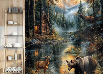 Dizifinn Rustic Shower Curain, Country Cabin Woodland Bear Moose Deer Bathroom Accessories, Farmhouse Hunting Camp Fabric Shower Curtains for Bathroom Decor, with Hooks 72x72 Inch