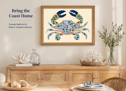 UAWRL Solid Wood Framed Watercolor Blue Coastal Crab Canvas Wall Art