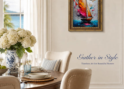 KUNIQUE Vintage Gold Framed Doodle Sailboat Canvas Wall Art 9x11in