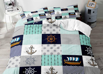 LUVIVIHOME 2PCS Nautical Bedding Set, Twin Duvet Cover, Navy Blue Mint Green Polka Dot Chevron Striped Plaid Anchor Rudder Sailboat Sea Ocean Marine Beach Coastal Comforter Quilt Cover, 1 Pillow Case