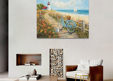 Olivine Coastal Wall Art, Beach Bicycle Pictures Wall Decor, Lighthouse Painting, Ocean Seascape Canvas Prints, Framed Artwork for Living Room Bedroom Bathroom Kitchen Office Home Decoration 20"x16"