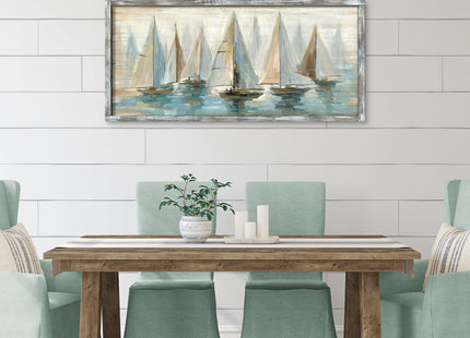 Ocean Pictures Wall Art Framed: Beach Seaside Artwork Coastal Sailboat Art on Wooden Seascape Painting for Living Room(60x30)