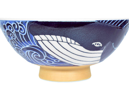 Mino Ware Japanese Rice Bowl, Rice Ramen Noodle Soup Sarada Pasta, Wave Whale Chawn, 5.7 inch 17.5oz Set of 2