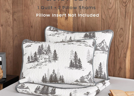 Wake In Cloud - Rustic Quilt Set, Cabin Forest Woodland Camping Theme with Lodge Mountain Print, Reversible Lightweight Bedspread Coverlet, 3 Pieces, Grey White, Queen/Full Size