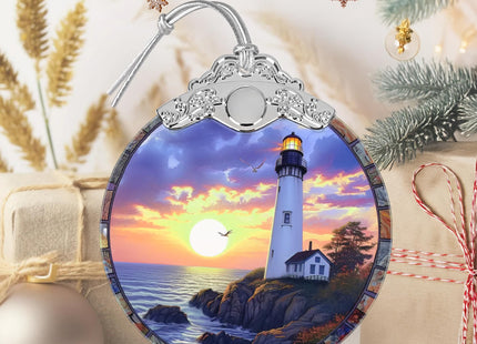3" Stained Glass Christmas Decoration, Christmas Ornaments, Heirloom Keepsake, Gift Exchange, Gift Idea, Bauble Present - Lighthouse at Dusk