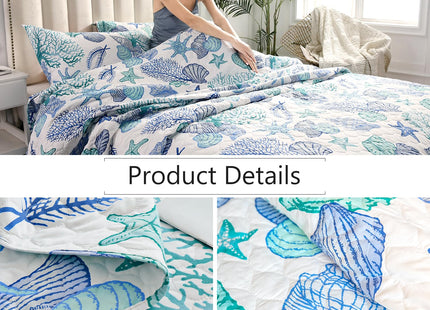 Ycosy 3 Piece Coastal Beach Quilt Set Twin Size Ocean Theme Bedding Set Blue Green Lightweight Bedspread Coverlet Shell Coral Conch Starfish Bed Covers Bedroom Decor with 2 Pillow Shams