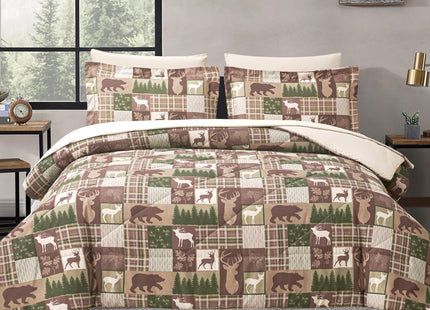 Comforter Set Queen Size Bear Moose Plaid Comforter Bedding-7 Piece Bed in a Bag,Soft Reversible Patchwork Microfiber Bedding Set (1 Comforter,1 Flat Sheet,1 Fitted Sheet,2 Pillowcases,2 Pillow Shams)