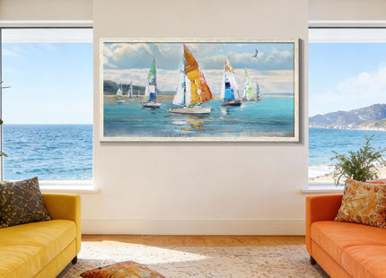 Ardemy Sailboat Wall Art Blue Abstract Canvas Art Nautical Textured Artwork Coastal Painting Wall Decor, Extra Large Framed Ocean Picture for Living Room Bedroom Home Office, 58"x29"