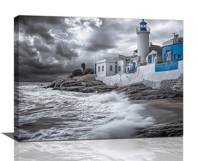 Olivine Beach Wall Art, Coastal Lighthouse Pictures Wall Decor, Black And White Painting, Nautical Canvas Prints, Framed Artwork for Bathroom Bedroom Living Room Office Home Decoration 16"x12"