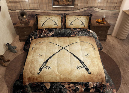 Erosebridal Rustic Fishing Toddler Comforter Set Gifts for Kids Boys Men Women,Retro Camo Fishing Rod Bedding Set Country Farmhouse Lake Cabin Quilt Bedding Sets Tree Branch Camouflage Bed Set 2 Pcs