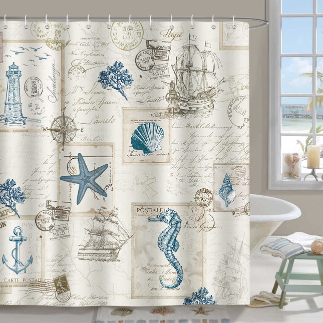 Bonhause Nautical Coastal Shower Curtain, Vintage Ocean Beach Seashell Seahorse Lighthouse Bathroom Decor 72x72 Inch Polyester Fabric Waterproof Bath Curtain with 12 Hooks