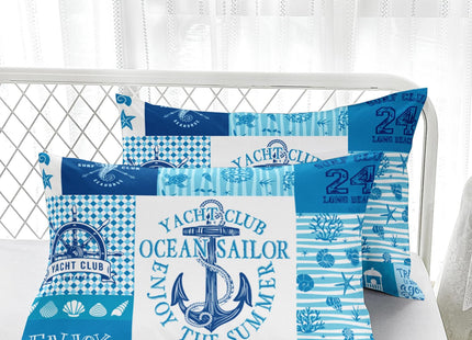 Nttopship Blue Ocean Grid Theme Comforter Set for Kids and Adults Anchor Sailboat Lighthouse Shell Quilt Set for Bedroom 100% Soft Microfiber Quilt Set with 1 Comforter and 2 Pillow Case