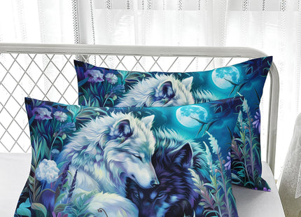 Nttopship Wolf Print Comforter Set King Size,White and Black Wolf in Flowers Bedding Set, Night Sky Forest Animals Printed Quilted Set for Girls Boys Adult,with 1 Comforter and 2 Pillow Case