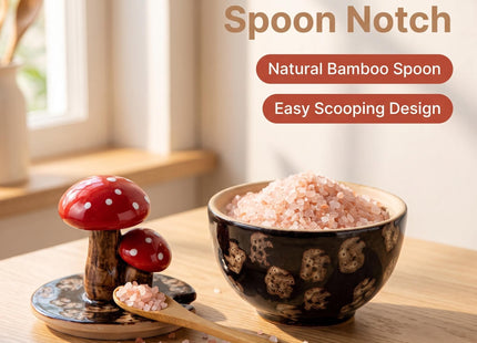 Black Ceramic Mushroom Salt Cellar Jar with Lid and Spoon Salt Box Holder