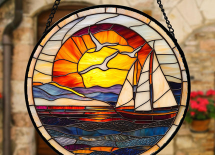 Ocean Sailboat At Sunset Stained Glass Window Hanging Suncatcher Gifts 7.8"