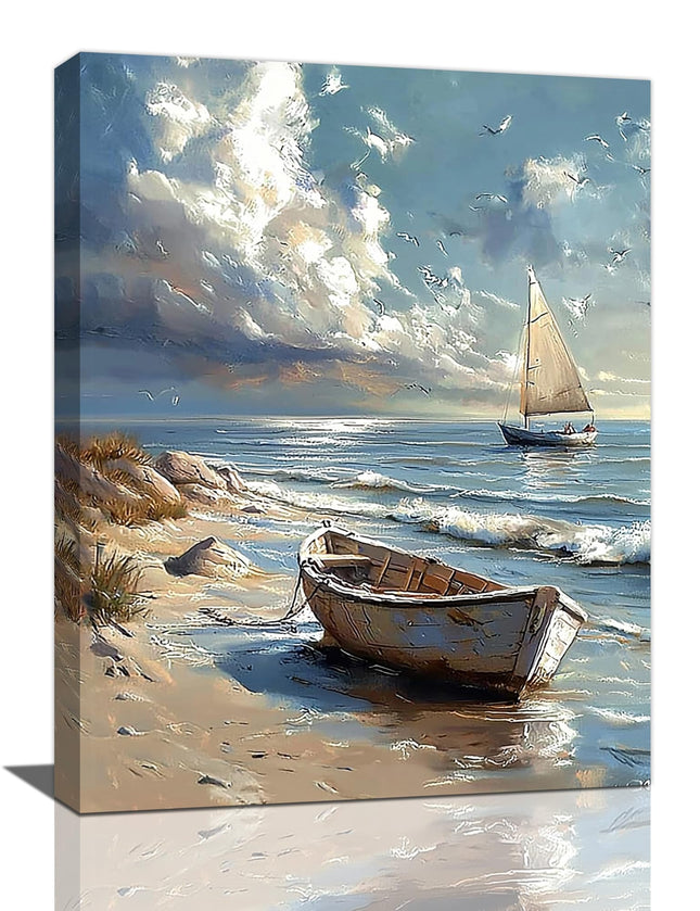 Sailboat Wall Art Ocean Sailboat Wall Decor Coastal Beach Canvas Print Blue Nautical Painting Modern Artwork Home Decorations for Batrhroom Bedroom Office Kitchen Living Room Framed 12"x16"