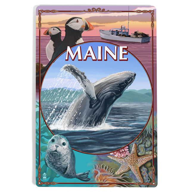 Lantern Press Maine, Wildlife Montage, 12x18 Inch Aluminum Sign, Indoor or Outdoor Use
