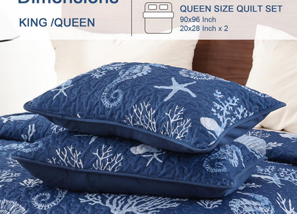 Djoymock Coastal Quilt Set Queen Size 3 Piece, Summer Beach Blue Theme Quilts with Pillowcases Microfiber Ocean Bedding Set Nautical Bedspreads Coverlet Lightweight Comforter for All Season