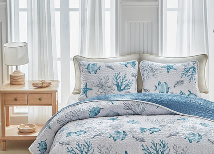 3 Piece Coastal Quilt Sets King Size - Reversible Microfiber Ocean Style Quilts with 2 Shams Soft Lightweight Beach Bedding Nautical Bedspread Coverlet Summer Comforter for All Season