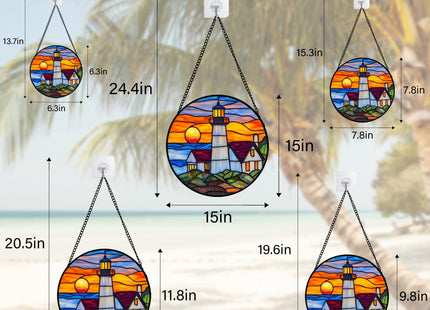 JOSUMALY Stained Glass Window Hanging - Sea Lighthouse Suncatcher for Door Terrace Garden Home Decor Sunset Beach Scenery Sun Catcher Birthday Gifts for Lovers Women Men Dad Mom Nana 6.3 in