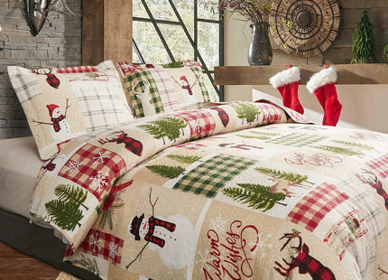 Aqua Blue & White Twin Size Christmas Quilt Bedspread Coverlet - Reversible Lightweight Santa Claus Elk Lodge Quilt Bedding Gift