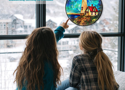 Lighthouse Stained Glass Window Hanging, Suncatcher Diamond Glass Panel Hangings, Suncatchers Indoor Windows Wall Art Decor, Gift for Mom Grandma, Christmas Decor for Home Office Garden 7.87 inches