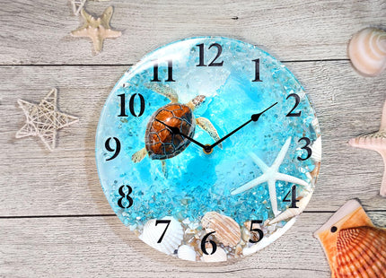 Coastal Turtle Wall Clock 12in Blue Beach Glass Silent Bathroom Home Decor