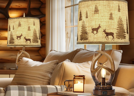 Scenekoy Rustic Farmhouse Antlers Table Lamp Set of 2 with Night Light