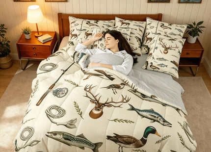 Feelyou Hunting Fishing Comforter Set Deer Bedding Set Twin Size 7 Pieces