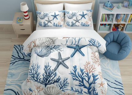 QOOMO Coastal 7 Pieces Comforter Set Full Size,Coral Starfish Bedding Set