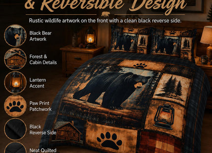 AILONEN Black Bear Comforter Set Queen Size,Rustic Bear Bedding Set for Kids Boys Girls,3-Piece Wildlife Themed Hunting Comforter with 2 Pillowcases