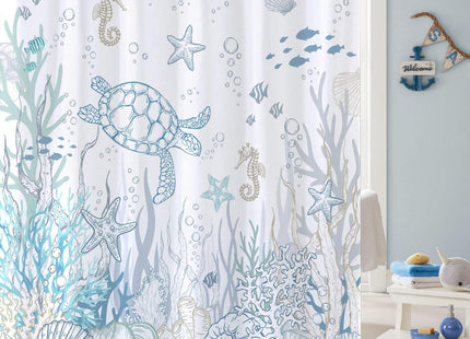 Lifeella Nautical Coastal Turtle Shower Curtain, Coral Starfish Seashell Ocean Themed Bathroom Curtain, Underwater Seahorse Bathroom Decor Blue 72 x 72 inch