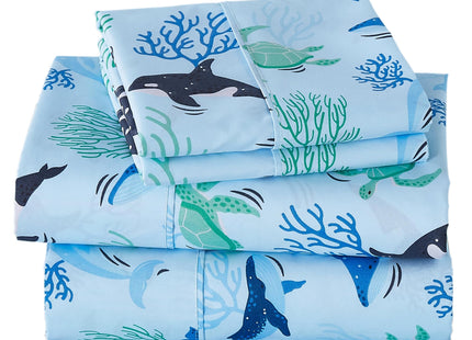 Viviland 3 Pieces Boys Blue Ocean Twin Sheet Set - Soft Microfiber Fitted Flat Sheets & Pillowcase - Blue Ocean Whales, Sea Turtles, Marine Organisms Bedding Sets - for Kids & Toddlers