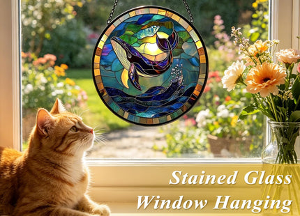 8 Inch Stained Glass Window Hanging Whale Sun Catcher with Display Stand – Mantel or Tabletop Decor for Living Room, Kids Room, Coastal Home, Ocean Marine Life Gift for Beach Lovers Nature Enthusiasts