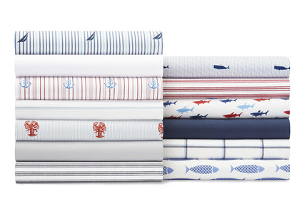 Nautica - Queen Size Sheet Set, Crisp Cotton Percale Bedding with Matching Pillowcases, Fully Elastic Fitted Sheet, Deep Pocket, Nautical Room Decor (Woodblock Fish Blue)