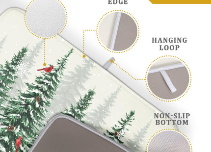 Winter Green Pine Tree Dish Drying Mat for Kitchen Counter,Red Bird Snowflake Drying Mat 18 x 24 Inch with High Absorbent Microfiber Drainer Mat for Coffee Bar
