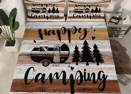 Castle Fairy Camping Lover Gift Bed Sheet Set 4 Piece,Western Farmhouse Style Sheets Full Size Bed Set,Camper Car Pine Tree Brown Bedding Set with Flat,Fitted Sheet,2 Pillow Cases