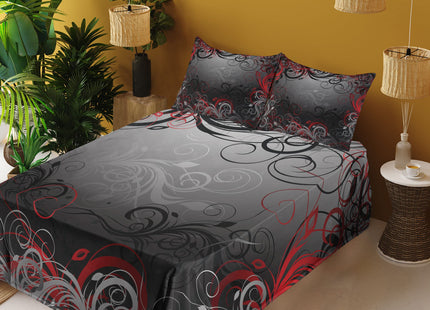 Lunarable Abstract Sheet Set, Mystic Forest Floral Swirls Leaves Nature Fading Ombre Effect, Fitted and Flat Sheet with Pillowcases Bedding Accent 4 Piece Set, King, Charcoal Grey Ruby