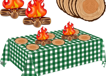 Halloscume Camping Birthday Party Decorations 2 Pcs 12 Inch Inflatable Fake Campfire Props 16 Wooden Slice Paper Placemats 1 Checkered Tablecloths for Campfire Birthday Party Supplies(Green Plaid)