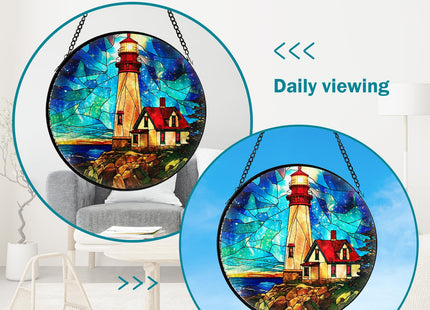 Lighthouse Stained Glass Window Hanging, Suncatcher Diamond Glass Panel Hangings, Suncatchers Indoor Windows Wall Art Decor, Gift for Mom Grandma, Christmas Decor for Home Office Garden 7.87 inches