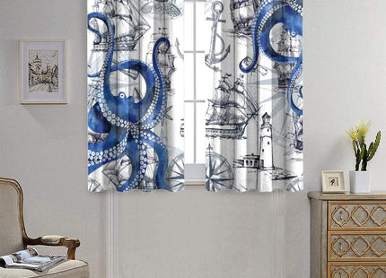 Cool Octopus Blackout Curtains - Retro Anime Nautical Theme Sailboat Lighthouse Blue Octopus Grommet Window Treatment Set Energy Saving Thermal Insulated Drapes for Living Room,2 Panels 63L x 21W