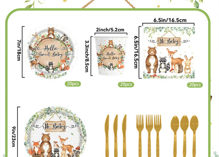 Gilyaoic 140pcs Woodland Animals Baby Shower Decoration Pack Forest Animal Neutral Gender Reveal Party Supplies Woodland Themed Birthday Party Ideas Set