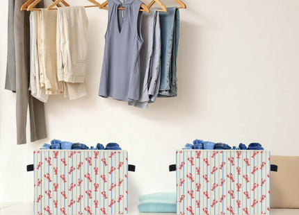 Ghoaoivo Red Lobster Beach Storage Box Bins, Coastal Nautical Crawfish Blue Striped Collapsible Storage Basket Organizer for Bedroom Laundry Room Home Clothes Books, Decor for Room