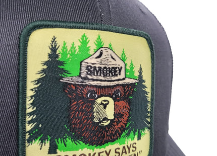 PNW Apparel Smokey the Bear Keep it Green Snapback Trucker Hat with Smokey the Bear Woven Patch (Grey/Black)